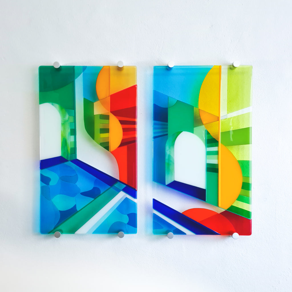 Biarritz diptych in a Hard Edge style - Glass art by Linda
