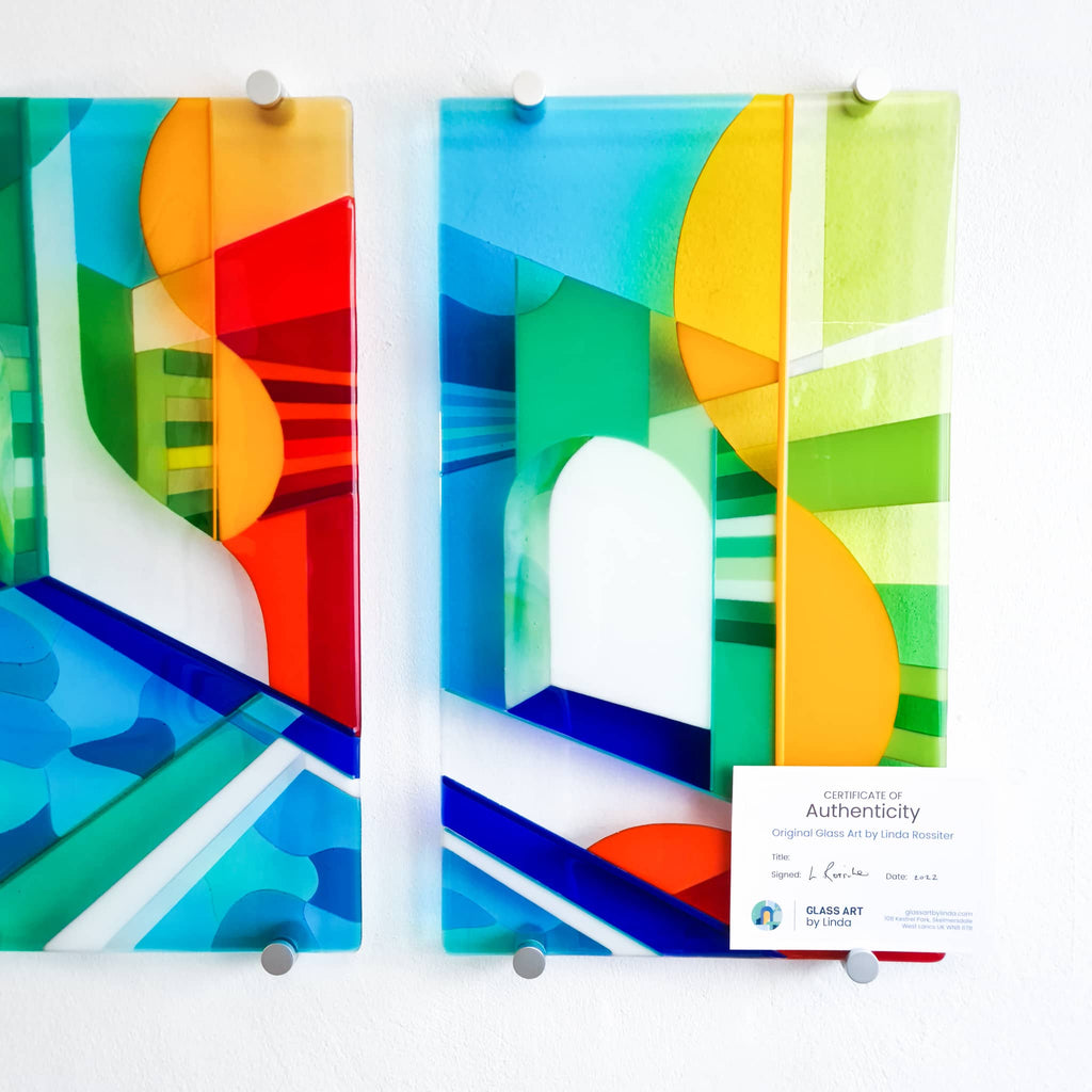 Certificate of Authenticity: Biarritz diptych fused glass wall art.