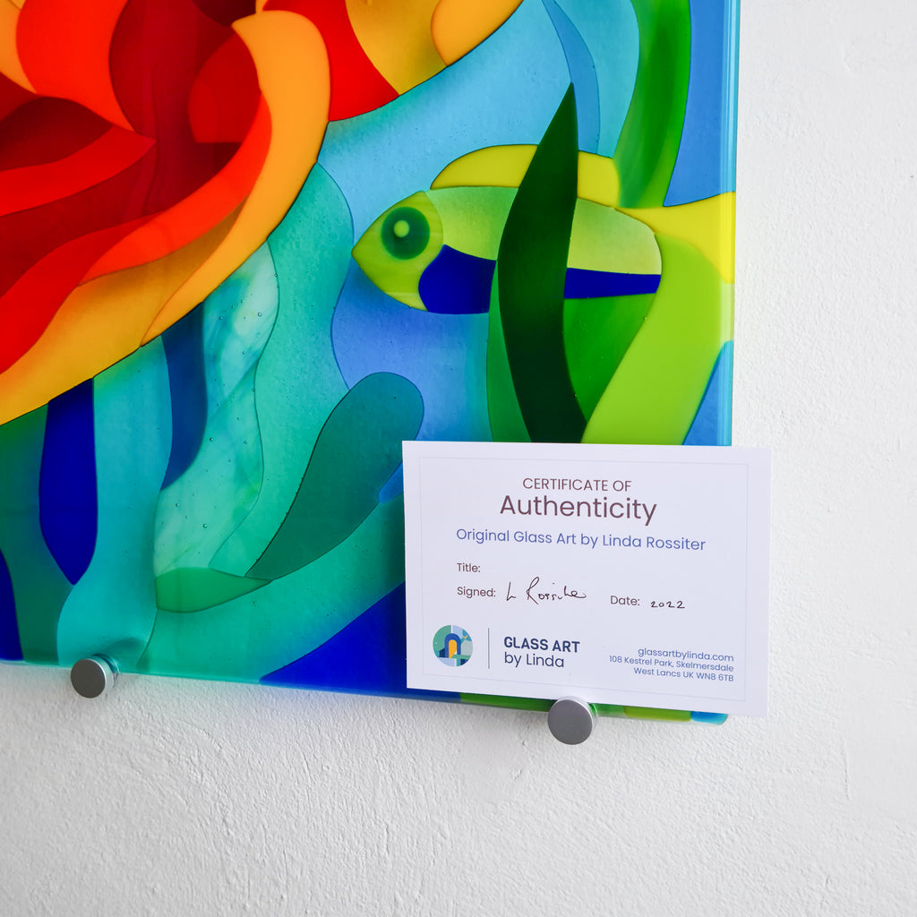 Authenticity certificate: Under the Sea: Fused glass wall art. Glass artwork with vibrant colours in a modern style