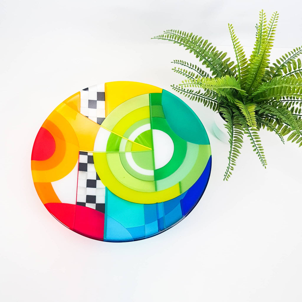 Chequer extra large round fused glass bowl, fused glass art dish in rainbow colours in a Hard Edge glass art style