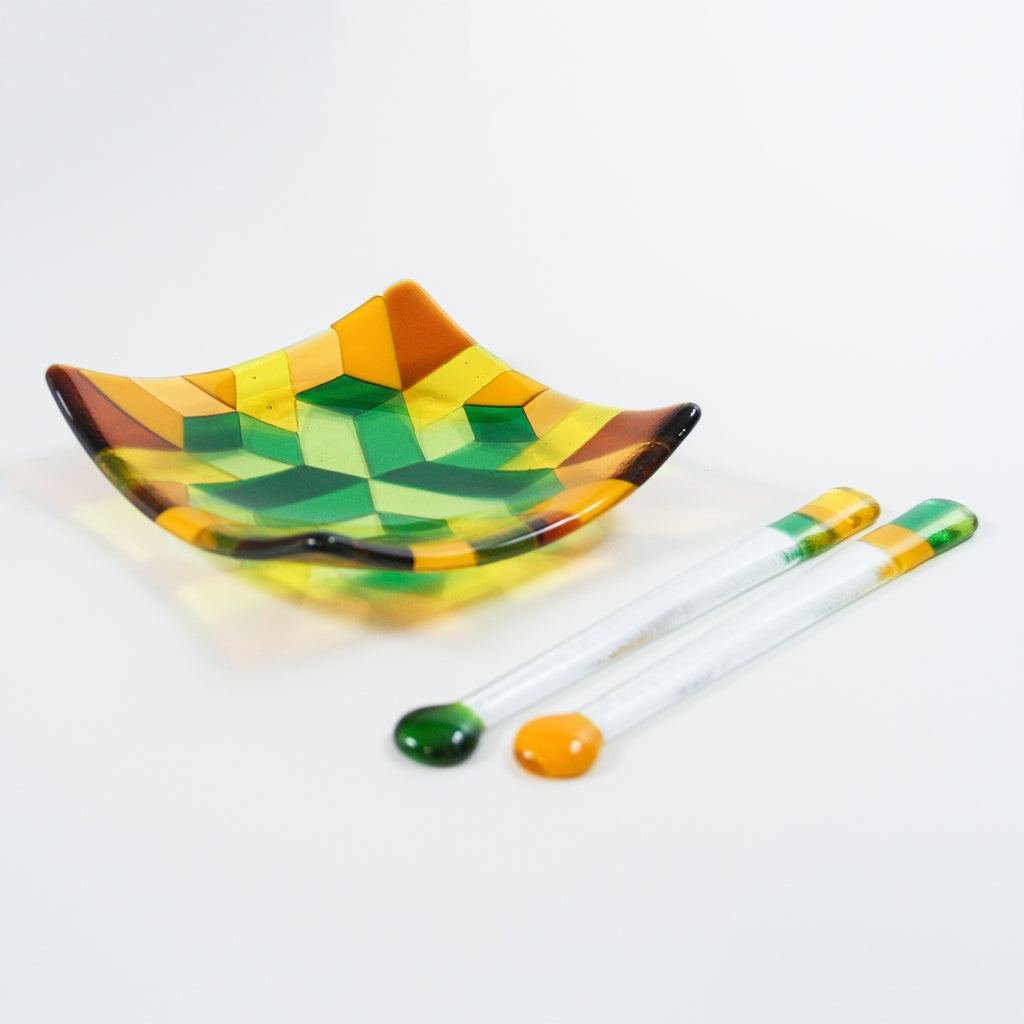 Fused glass dish, handmade glass art bowl and swizzle sticks in green, orange and yellow
