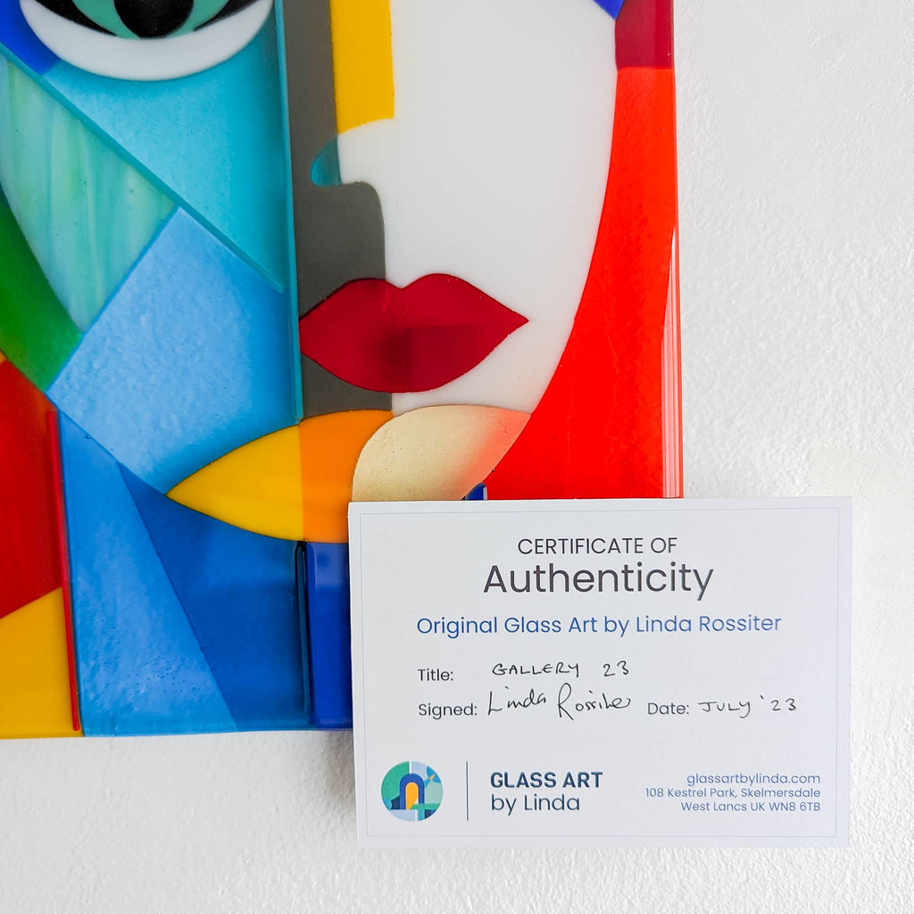 Certificate of Authenticity for a fused glass Art Gallery comprising 8 fused glass artworks by Glass Art by Linda. Unique designs in vivid colours in a Hard Edge glass art style