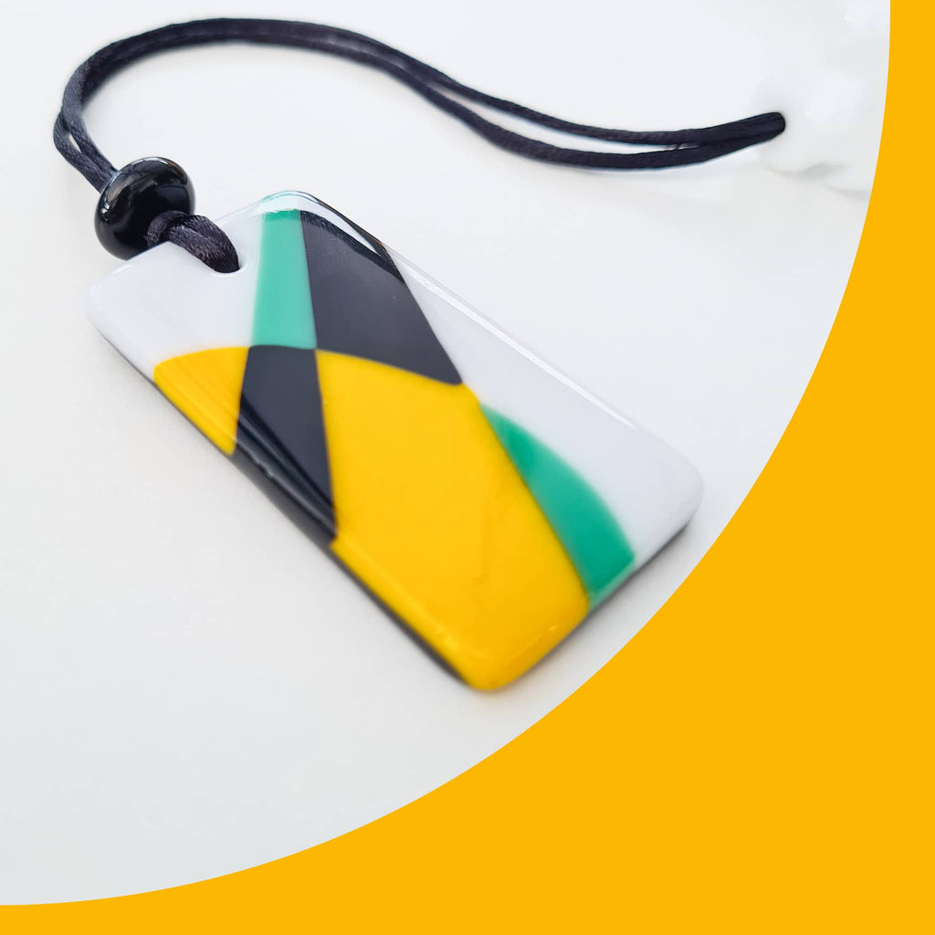 Pendant necklace in art glass, one-of-a-kind fused glass pendant in black, teal green, yellow & white, handmade statement necklace