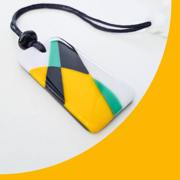 Pendant necklace in art glass, one-of-a-kind fused glass pendant in black, teal green, yellow & white, handmade statement necklace