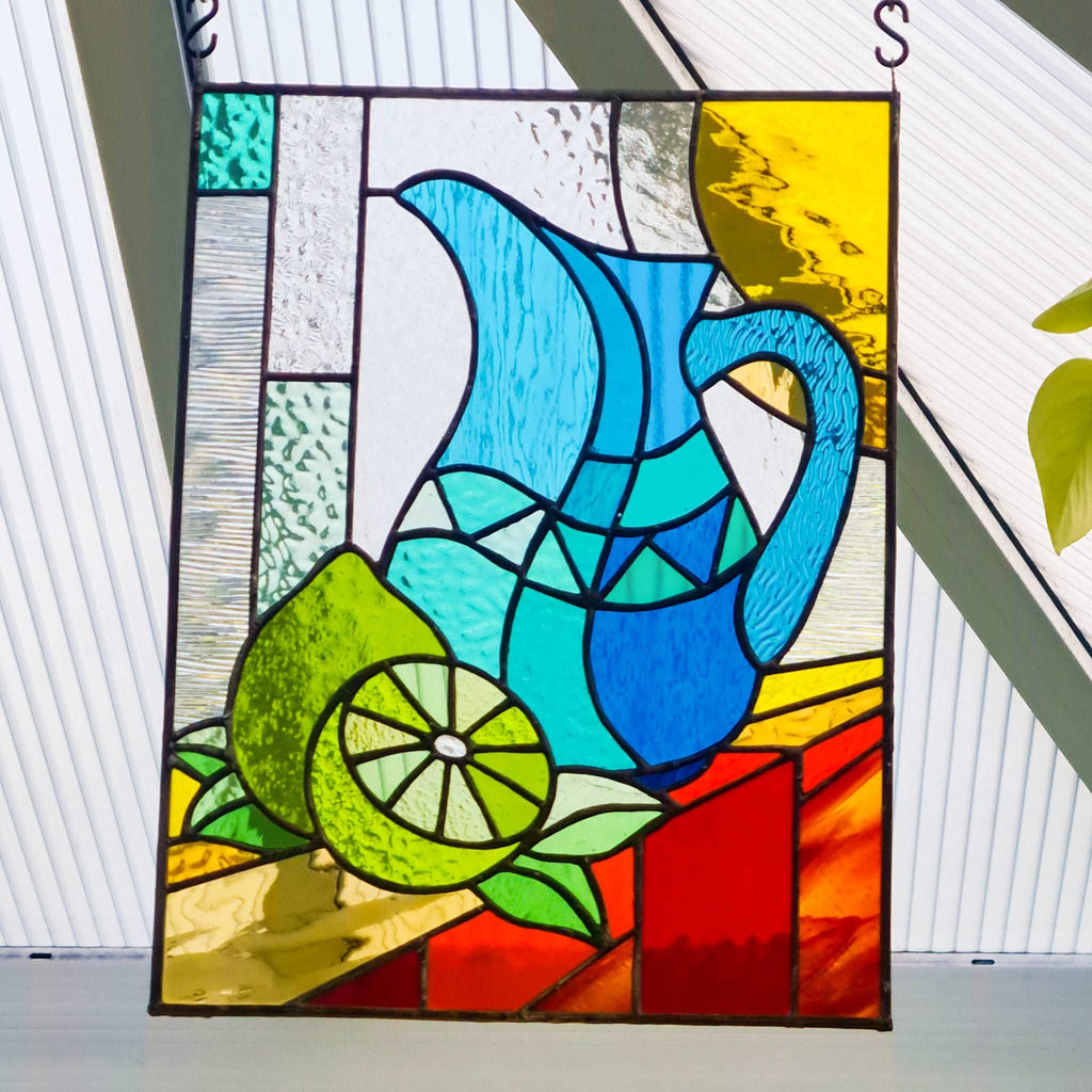 Stained glass window hanging, a custom-made unique glass panel of jug with limes