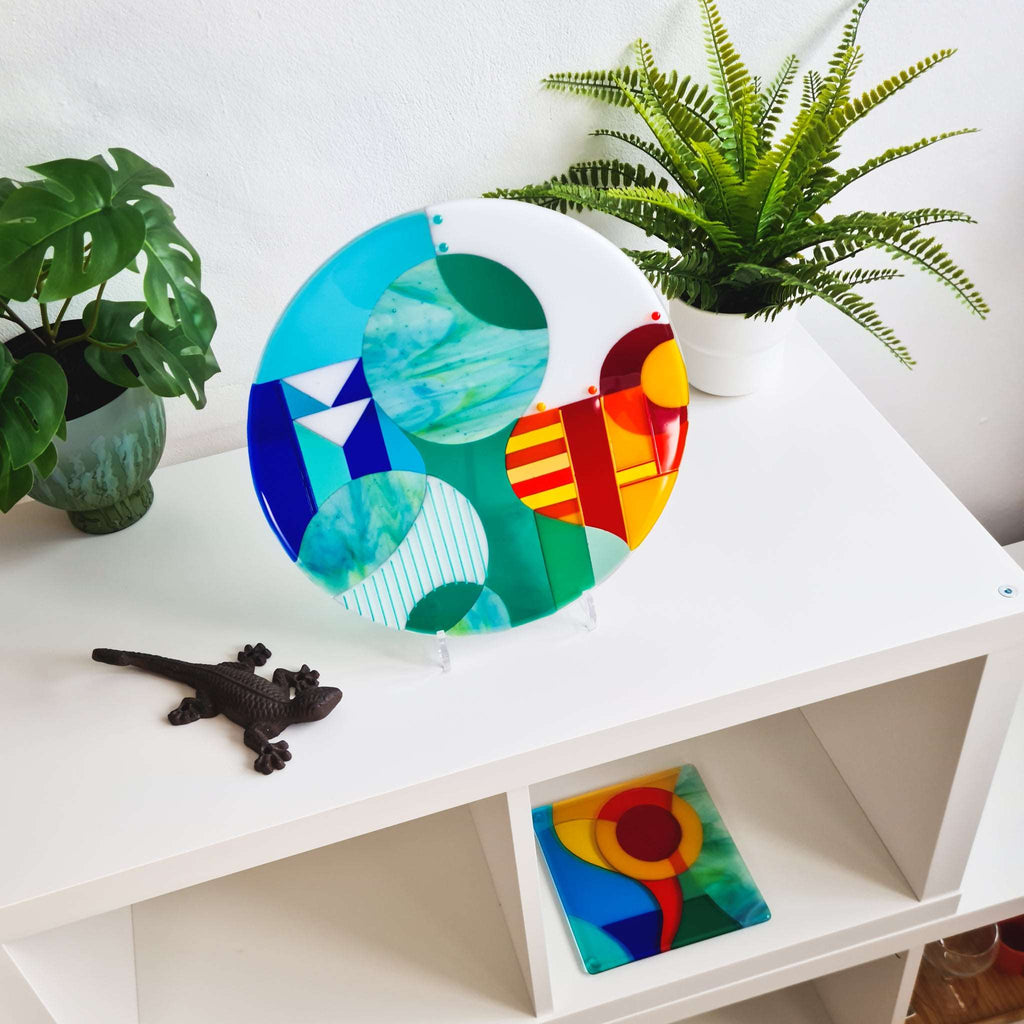 Deco Lava round art glass sculpture - fused glass art wall decor and table piece in a cool and warm palette