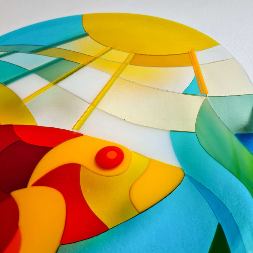 Under the Sea: Fused glass wall art. Glass artwork with vibrant colours. Close-up