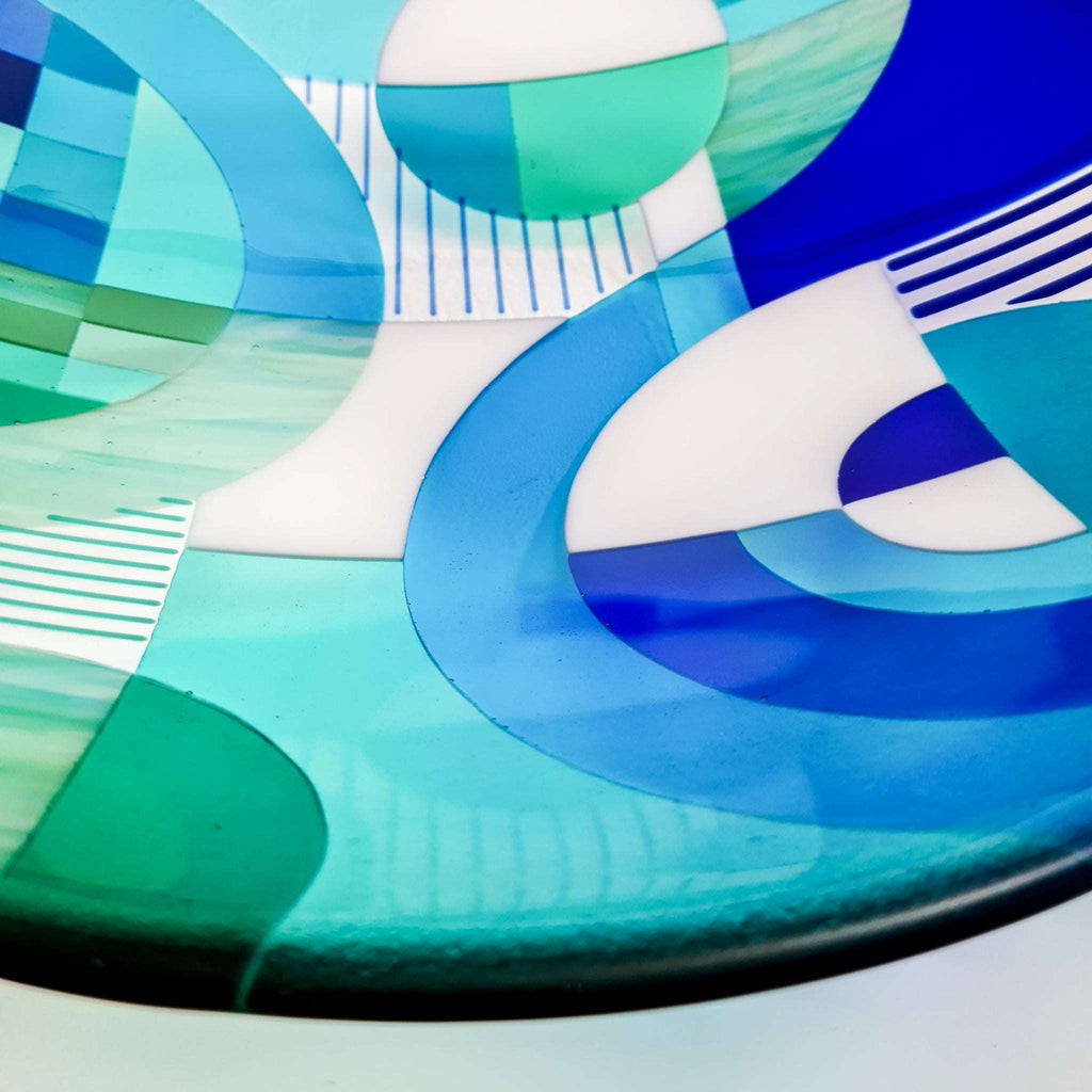 Swirls extra large round fused glass bowl Fused glass art in a modern Hard Edge style