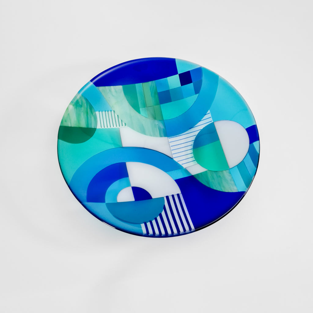 Swirls extra large round fused glass bowl Fused glass art in a modern Hard Edge style