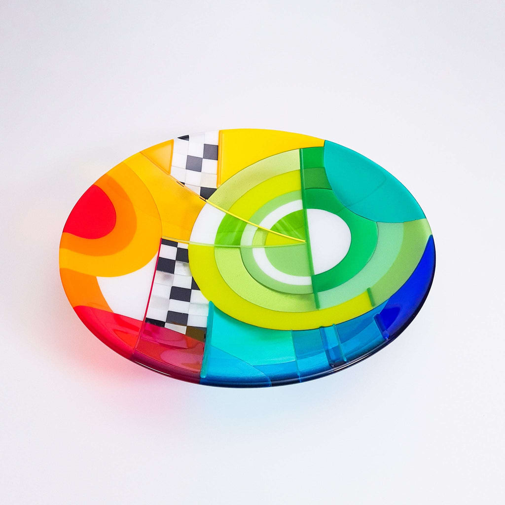Chequer extra large round fused glass bowl, fused glass art dish in rainbow colours in the Hard Edge style