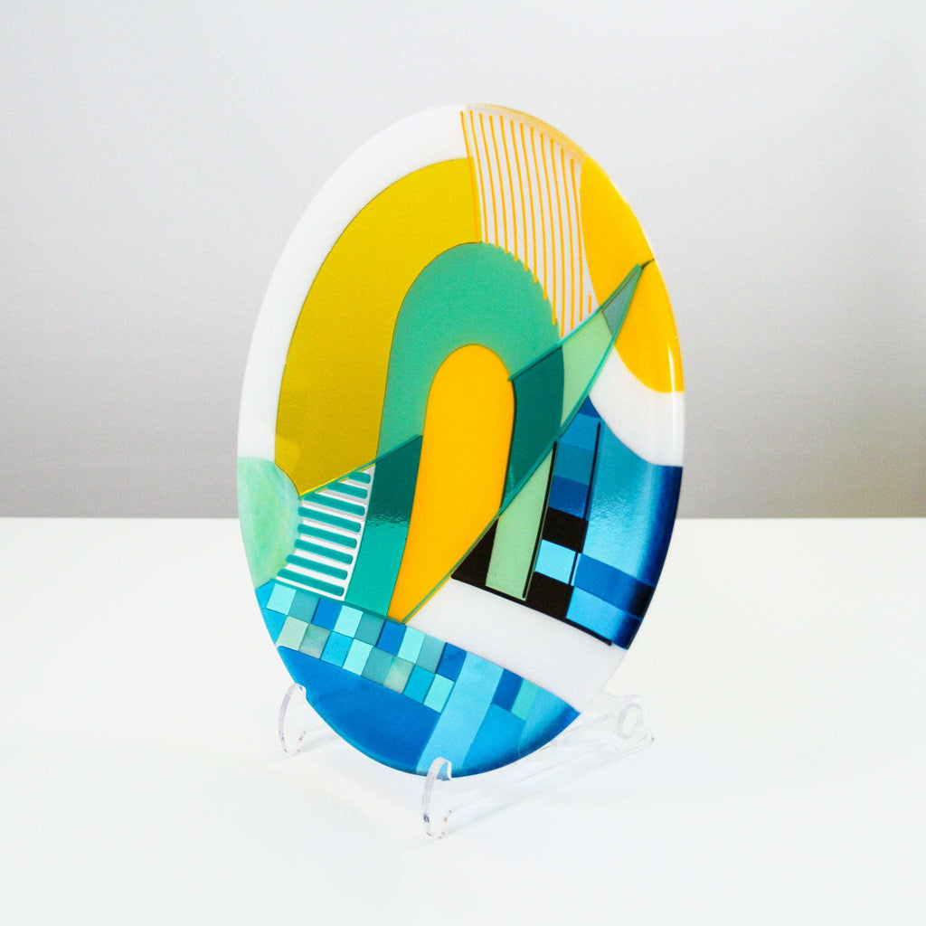 Large fused glass art bowl, a round decorative green, teal, blue & yellow dish handmade in the UK