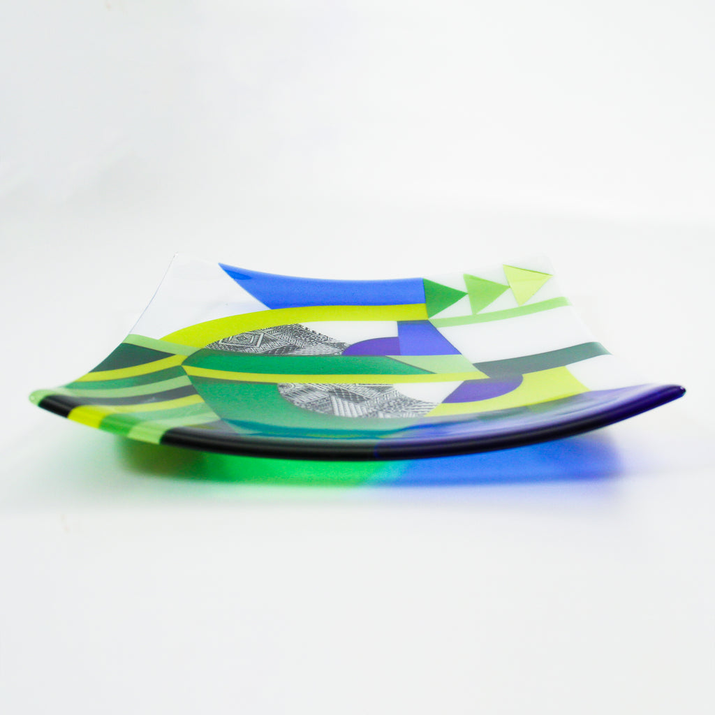 Portico Print large square fused glass art bowl. A square decorative green & blue dish handmade in Hard Edge style
