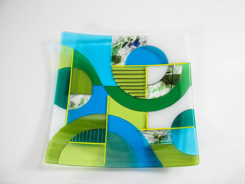 Large fused glass bowl, contemporary shallow dish with a bright geometric design