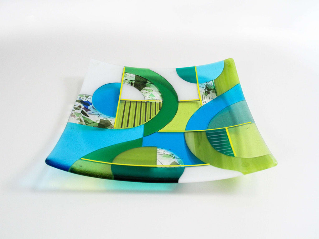 Large fused glass bowl, contemporary shallow dish with a bright geometric design