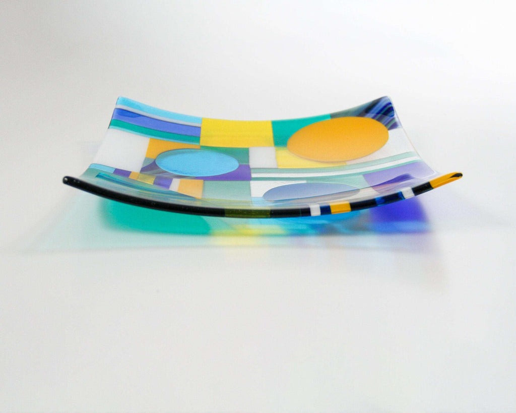 Art deco fused glass bowl, handmade contemporary decorative shallow dish with a geometric pattern