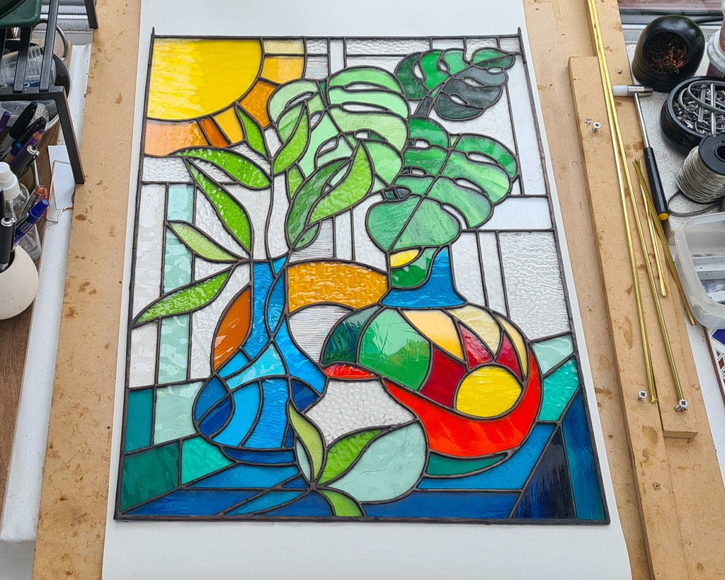 Large stained glass window hanging, a custom-made unique glass panel of vase with monstera leaves